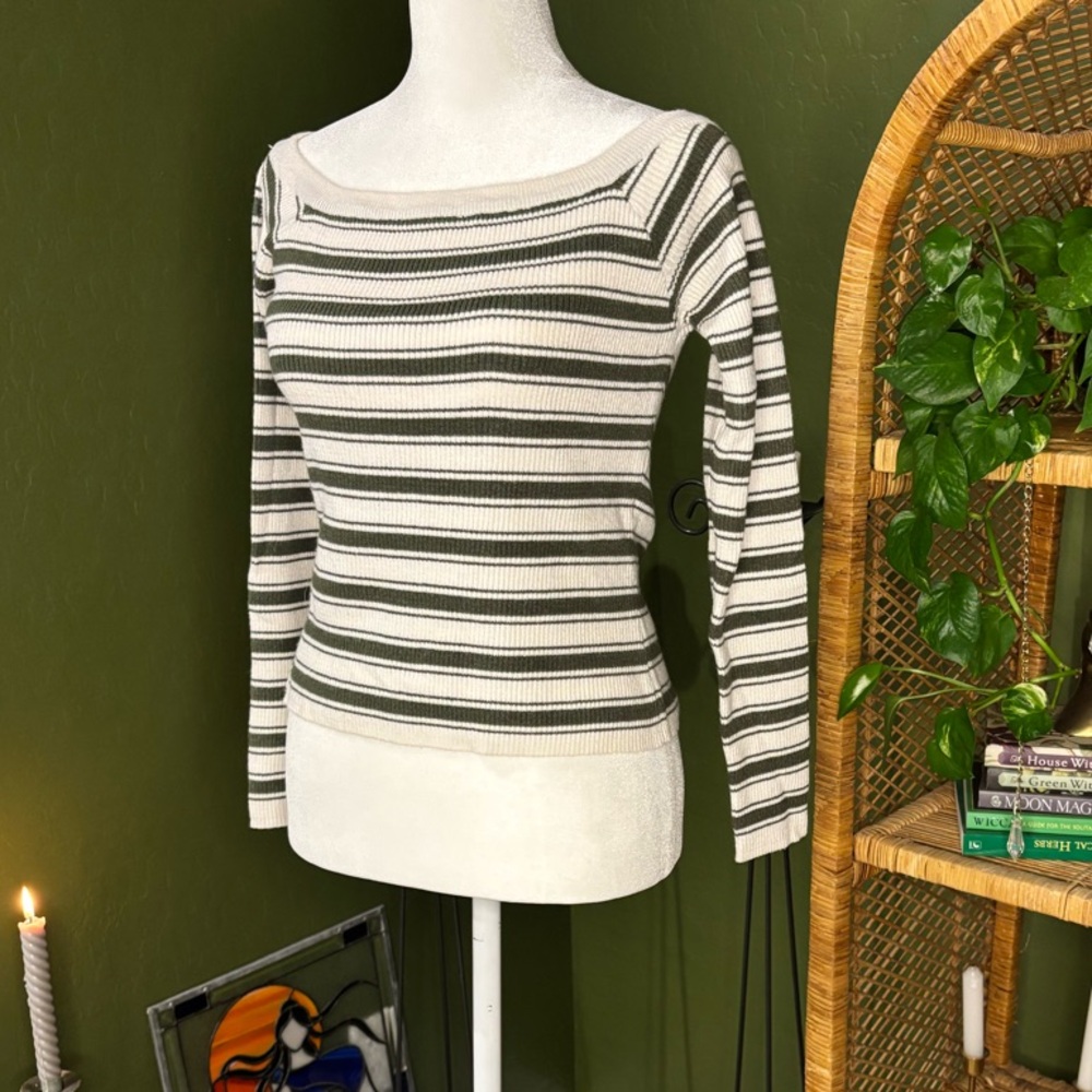 Charlotte Russe Off the Shoulder Horizontal Striped Green and White Sweater